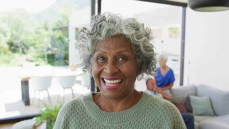 portrait of happy senior african american woman with other seniors at retirement home
