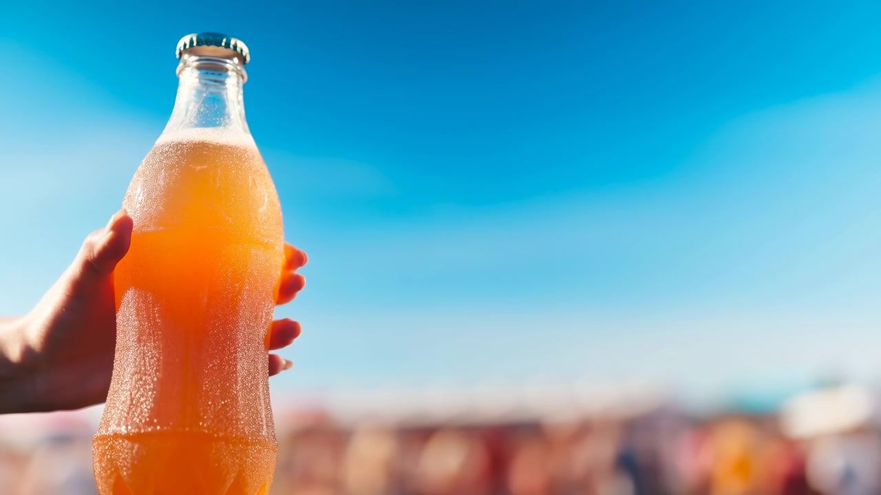 Una mano tiene una bottiglia di vetro refrigerata piena di bevanda all'arancia contro un cielo azzurro brillante, con uno skyline cittadino leggermente sfocato dietro e luce solare calda.