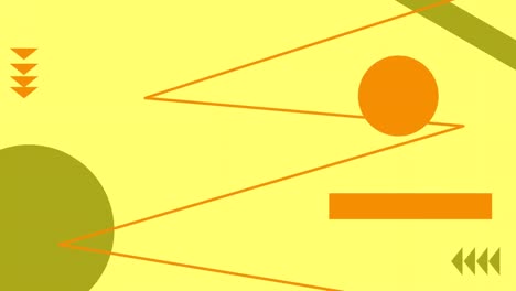 Animation-Von-Orangefarbenen-Und-Grünen-Kreisen-Und-Abstrakten-Formen,-Die-Sich-Auf-Gelbem-Hintergrund-Bewegen