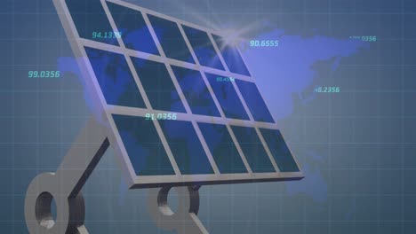 Multiple-changing-numbers-over-world-map-against-solar-panel-on-grid-network