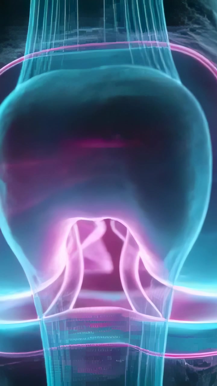 Video verticale: Una cupola luminosa che si muove e si inclina nel buio, nastri magenta che rivelano viticci.