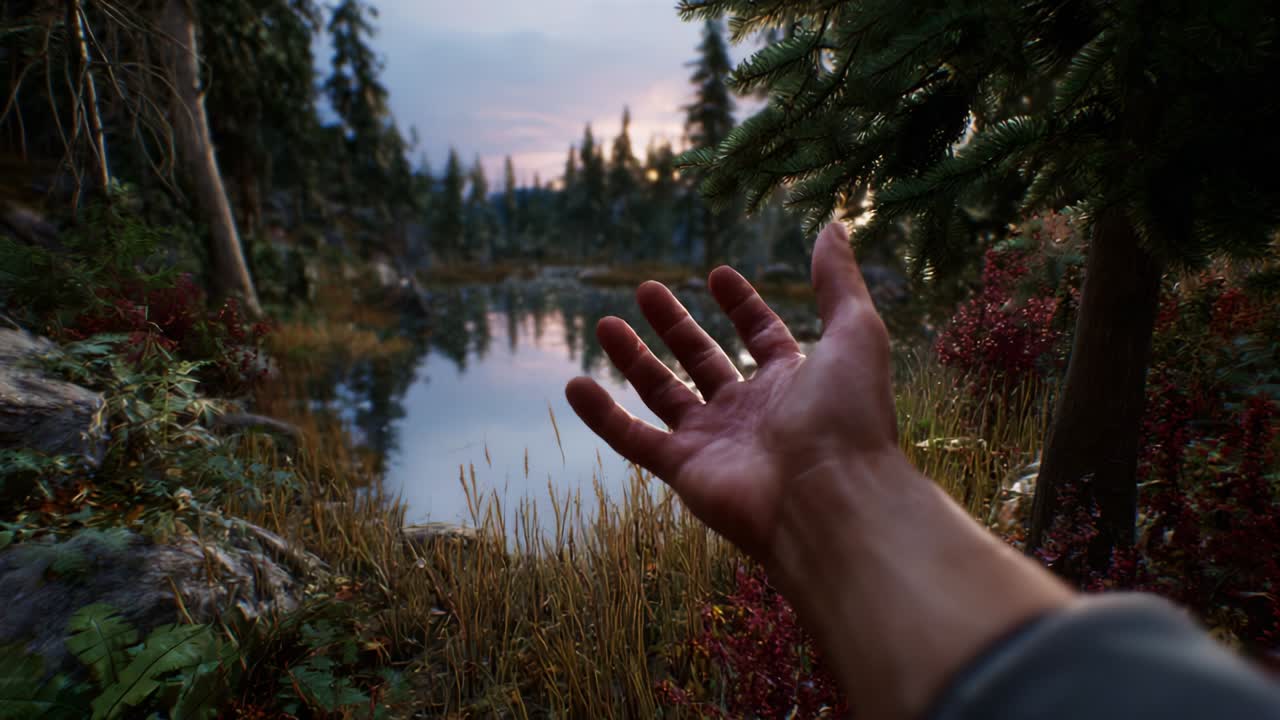 A Serene Moment Captured at Twilight: An Outstretched Hand Reaching Towards a Calm Lake Surrounded by Lush Nature, Reflecting the Beauty of Tranquil Wilderness and the Sounds of Nature at Dusk