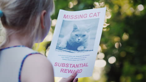 a child holds in his hands an announcement about the loss of her cat