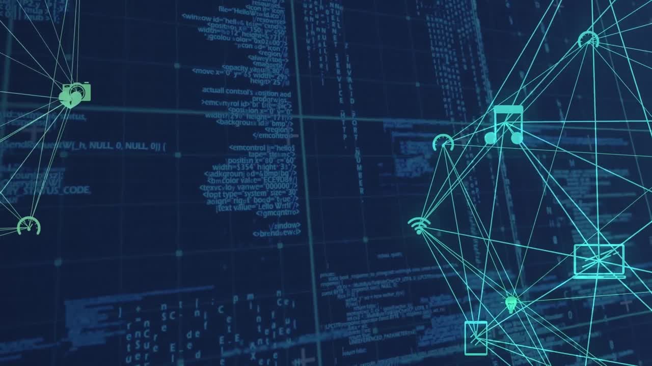 animation eines netzwerks von verbindungen mit symbolen über die datenverarbeitung auf schwarzem hintergrund