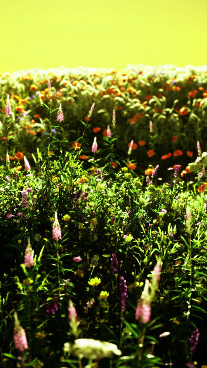 Vibrant meadow bursting with colors during a golden sunset glow