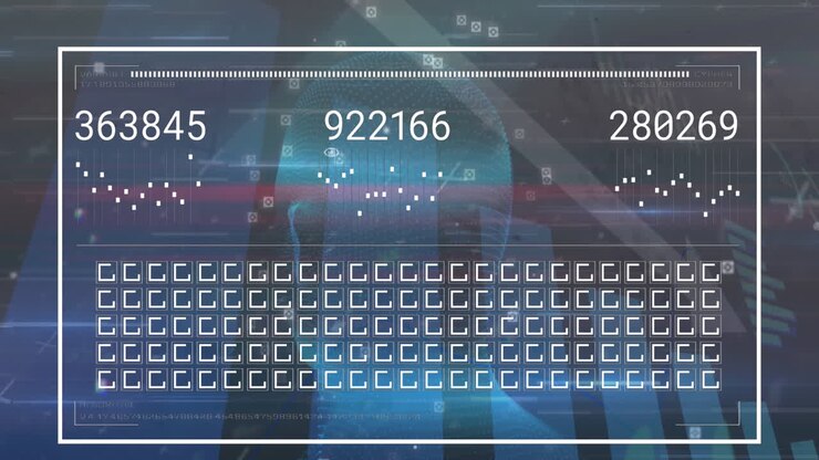 Animation of numbers , graphs, loading square over viewfinders around human face representation