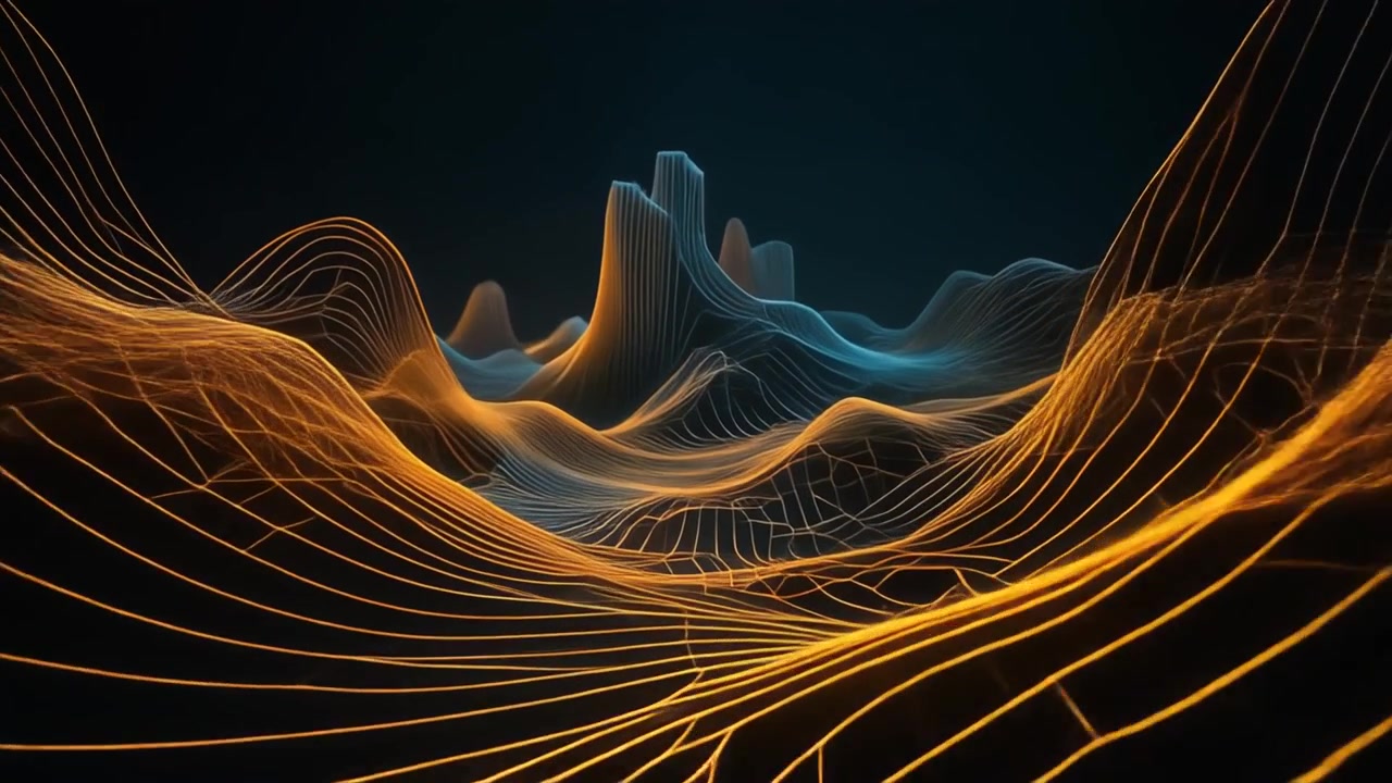 Abstract Digital Landscape with Glowing Orange and Blue Wireframe Waves
