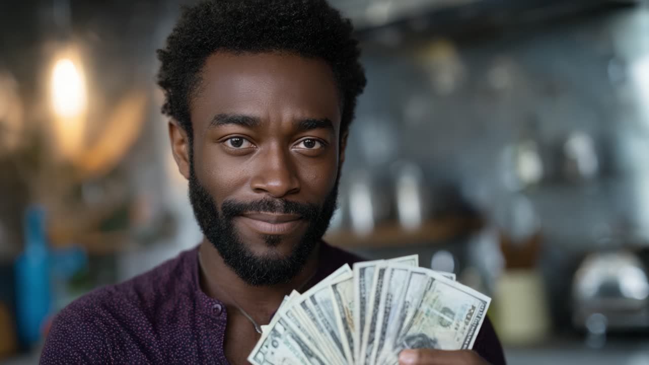 Un uomo sicuro di sé che mostra un ventaglio di banconote da un dollaro con un sorriso orgoglioso, sottolineando il successo finanziario e la felicità in un ambiente interno moderno