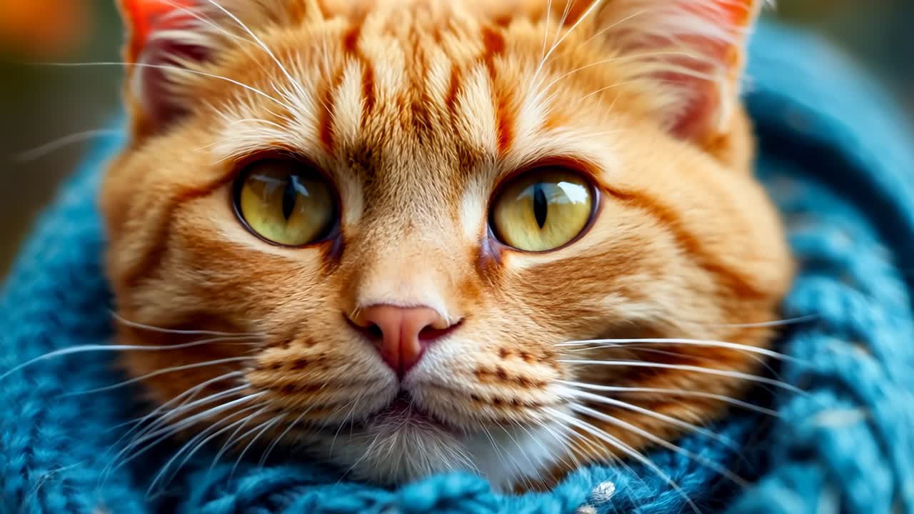 un gato naranja envuelto en una bufanda azul