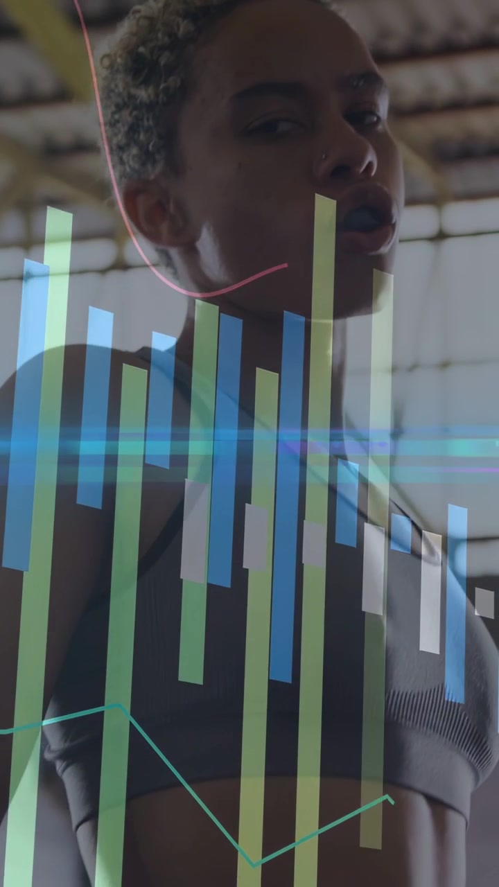 Vertical video: Camera tilting starting bars rising while boxer turning head, showing workout stats