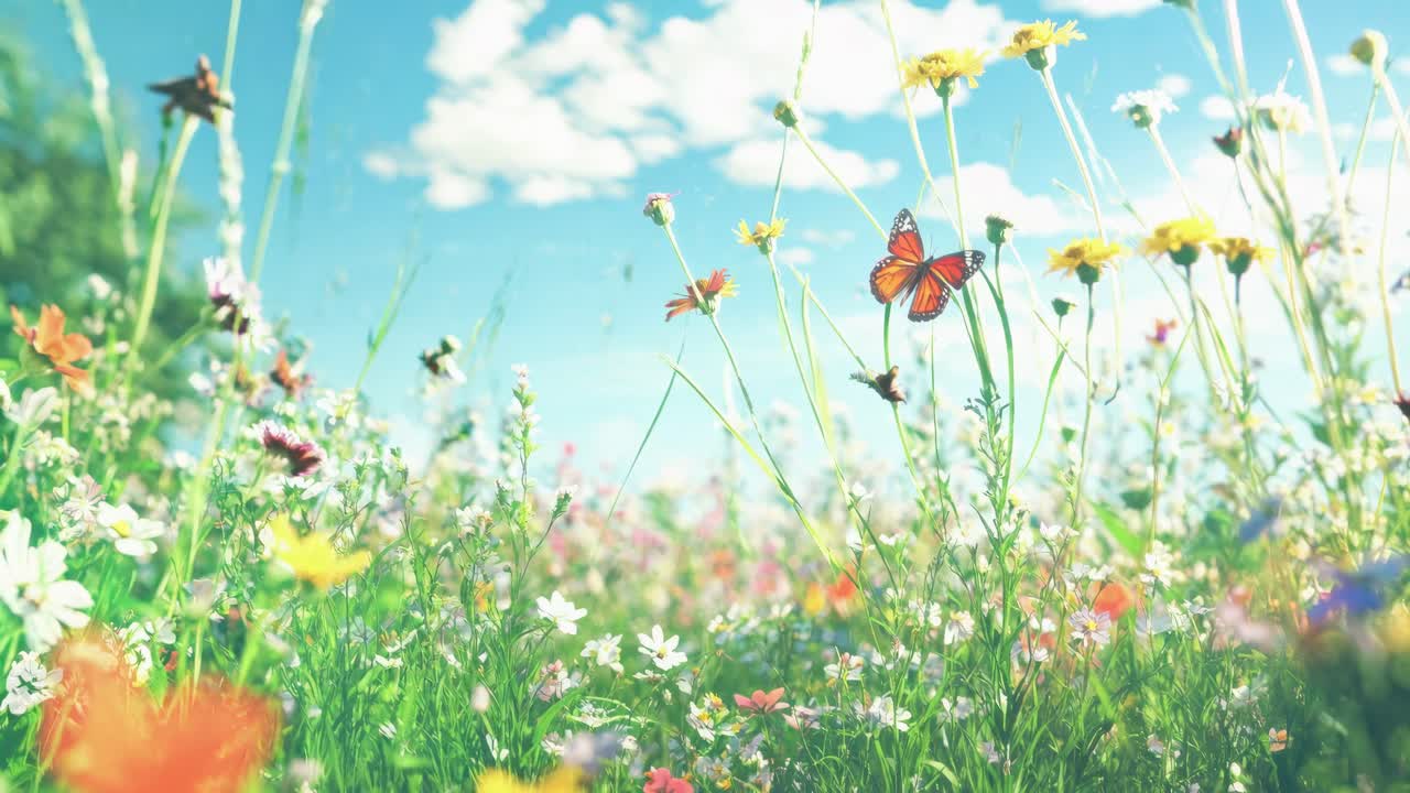 A serene, low-angle video captures butterflies fluttering over a vibrant, sunlit meadow