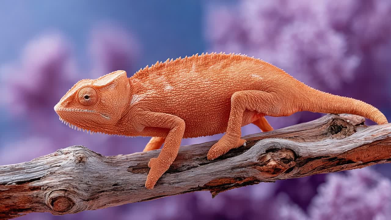 Stunning Close-Up of a Vibrant Orange Chameleon on a Branch, Showcasing Its Unique Texture and Coloration Against a Soft Purple Background