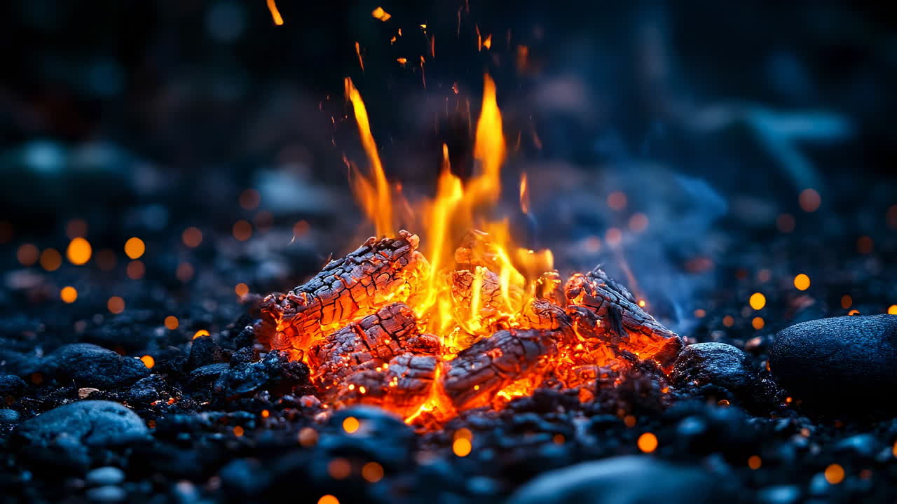 Flames dance around glowing embers. Fire illuminates dark stones with warm light as embers sparkle brightly in the night. A peaceful outdoor scene unfolds