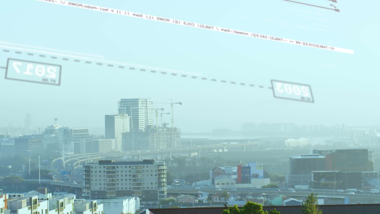 City skyline starting with HUD, dark line crossing leading to bright sweep revealing year markers