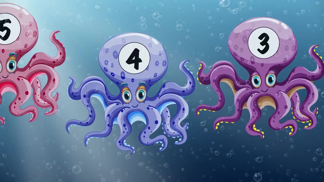 Polpi a fumetti colorati e numerati fluttuano su uno sfondo subacqueo blu con bolle e raggi di luce