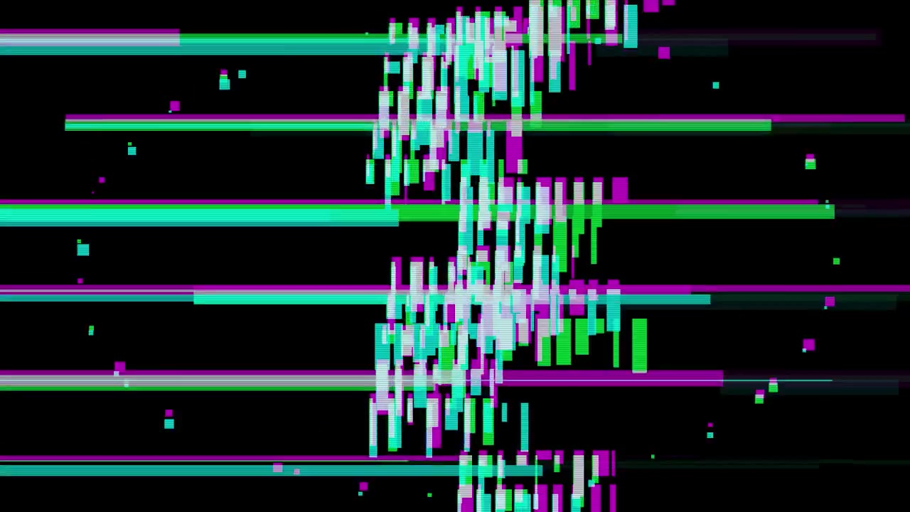 Digitaler Glitch-Effekt mit grünen und violetten geometrischen Mustern