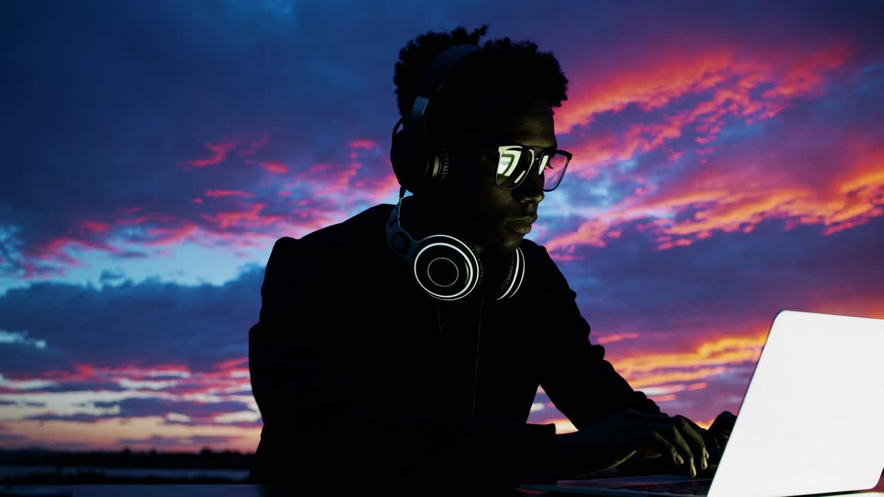 Young Person Working on a Laptop at Sunset