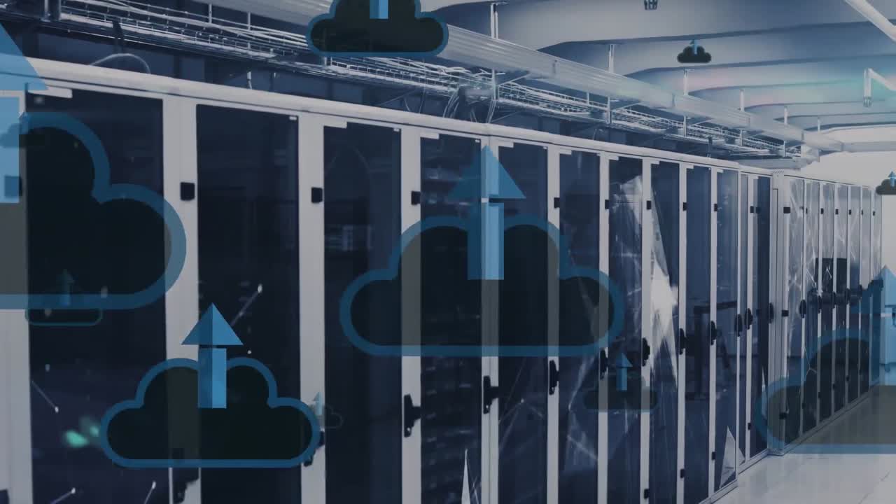 Animation of multiple cloud upload icons floating and plexus networks against computer server room