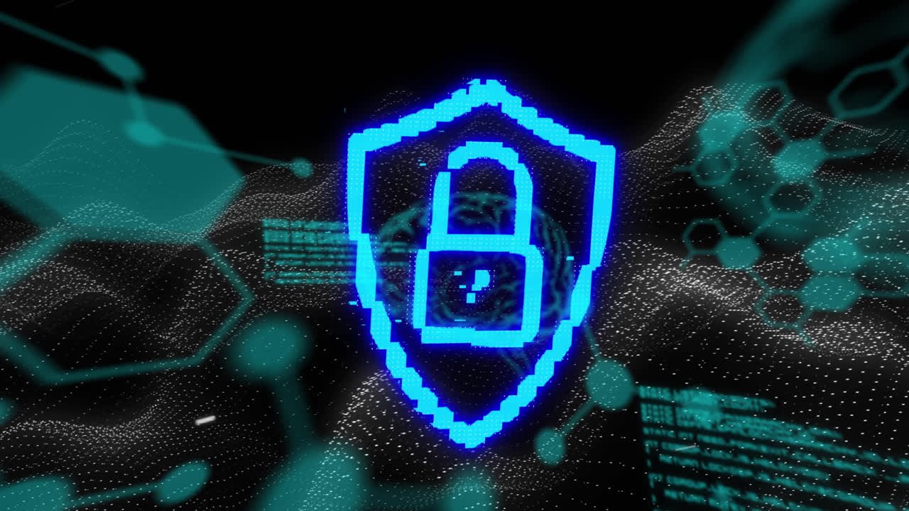 icona del lucchetto di sicurezza al neon sulle strutture chimiche e l'elaborazione dei dati contro le onde digitali