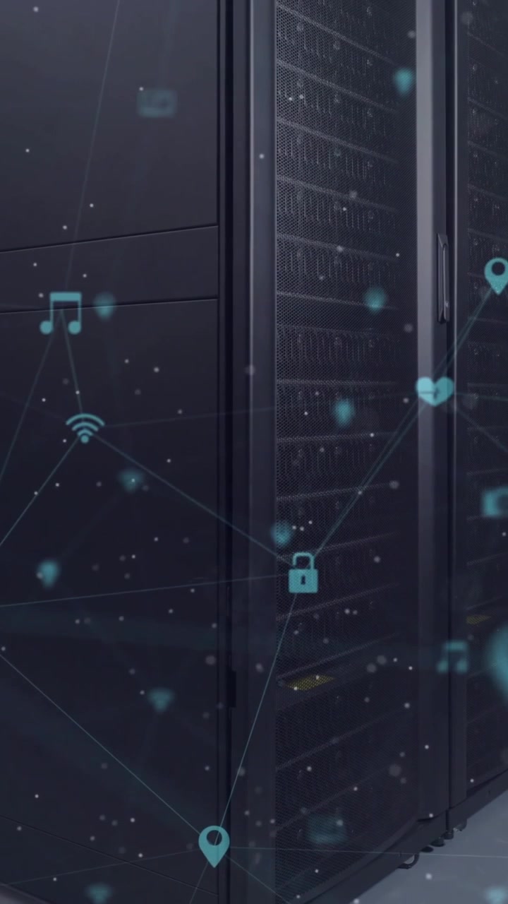 Animation of network of connections with icons over server room
