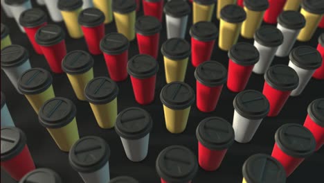 three colored coffee cups background. 3d abstract render with bright light and shadows. coffee cups pattern. loopable animation. yellow red white