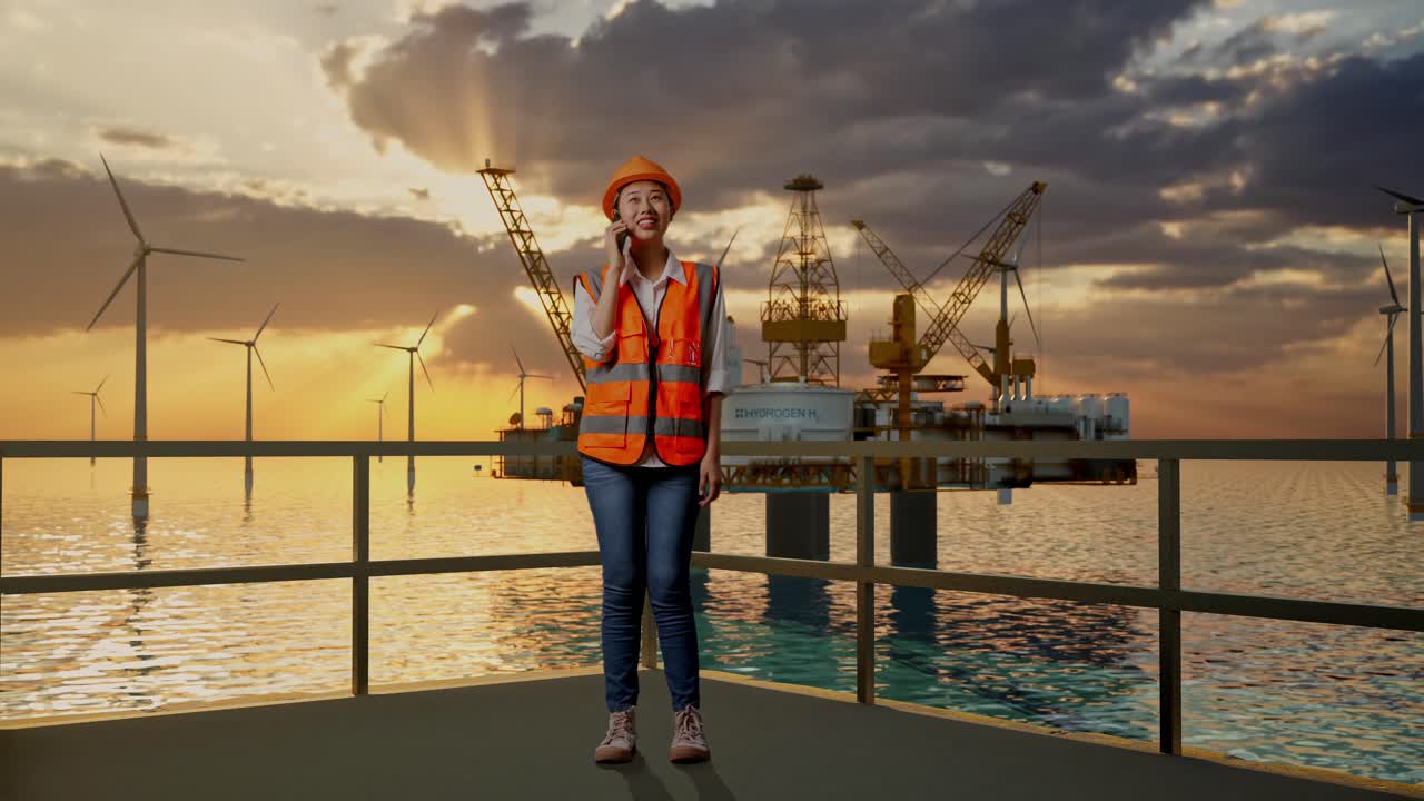 женщина-инженер на морской платформе, общаясь