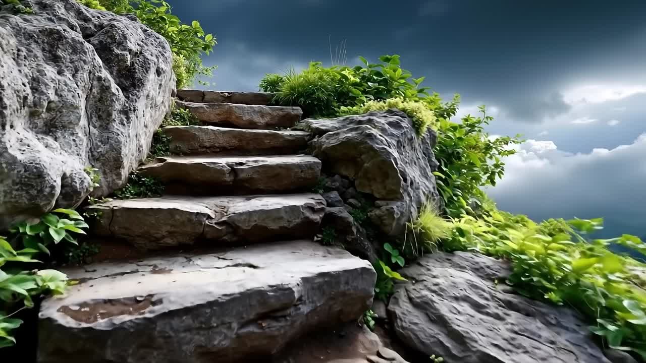 A set of stone steps leading up to the top of a mountain