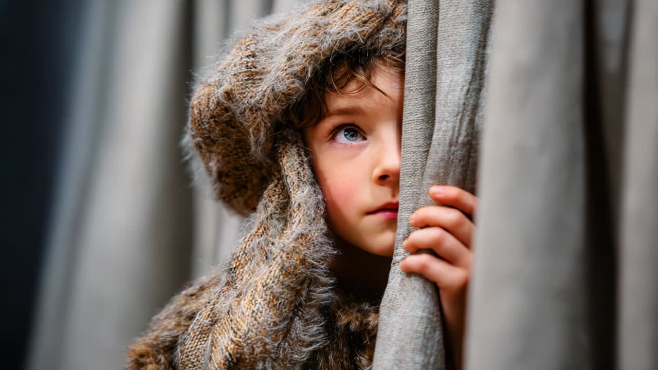 A Curious Child Peering Out from Behind Soft Draperies, Capturing a Moment of Intrigue and Wonder as Their Eyes Search for the Unknown Beyond the Fabric Barriers, Evoking a Sense of Adventure and Imagination