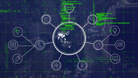 Animation-Des-Netzwerks-Von-Verbindungen-Mit-Symbolen-über-Dem-Globus-Und-Schwarzem-Hintergrund