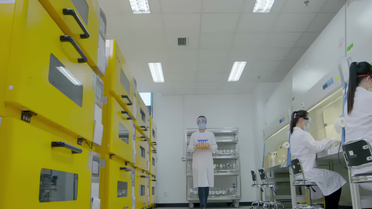 Professional team of medical research scientists in lab coats conducting biological experiment on Cell culture essay with help of high tech, test tubes, micropipette in modern equipped laboratory