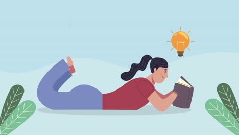 mujer estudiante leyendo libro y bombilla