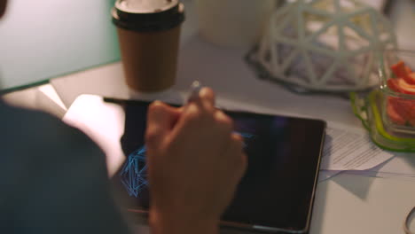 women, tablet and graphic design in night office