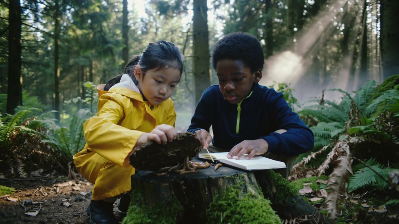 Finding fungi at mossy stump, girl in yellow coat peeling fungi while boy noting notebook