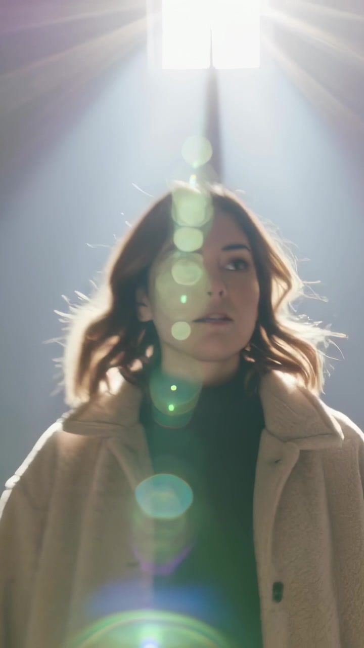Video verticale: Sole che irradia dalla finestra attirando una donna nel raggio di luce con bagliore dell'obiettivo, mentre guarda in alto in cappotto.