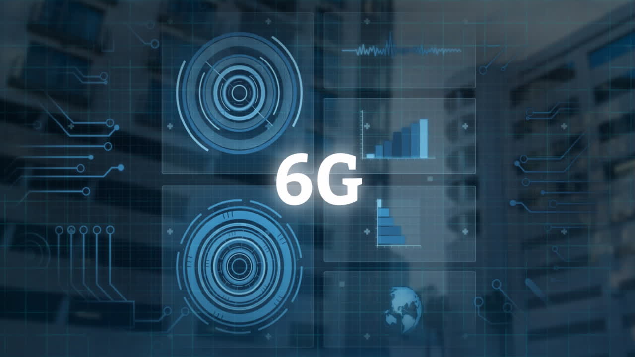 animazione di testo 6g, elaborazione di dati digitali su schermi su cityscape