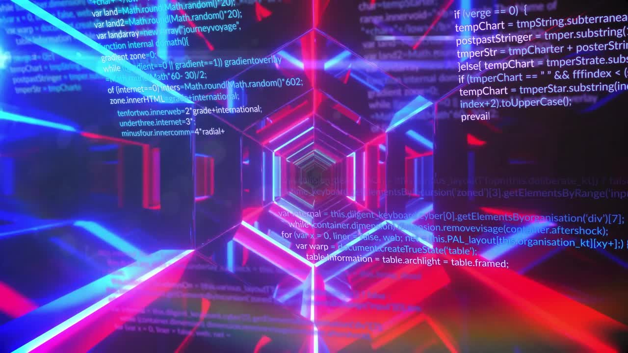On receiving signal, hexagonal neon tunnel rotating while scrolling code visualizing data flow