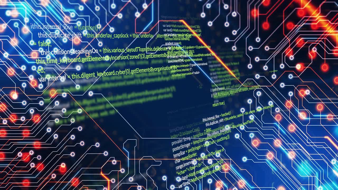 Code panels floating over circuit board pattern, featuring glowing nodes and syntax highlights