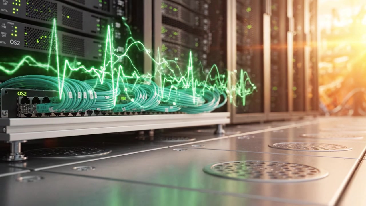 Data Center Avanzato con Cavi di Rete ad Alte Prestazioni e Tecnologia Server con Visualizzazione Dinamica del Flusso di Dati Indicata da Forme d'Onda