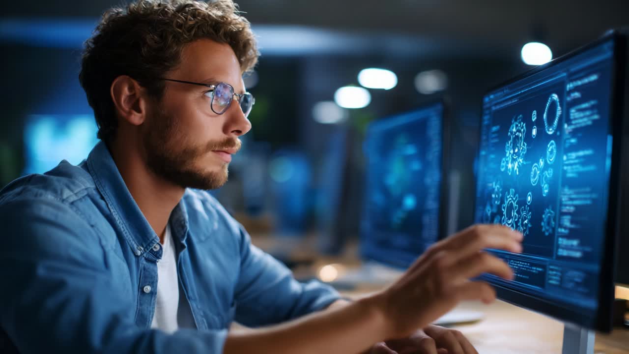 Focused Analyst Engaged with Advanced Data Visualization on Dual Monitors, Analyzing Complex Metrics and Interpreting Insights to Drive Strategic Decisions in a Modern Tech Environment