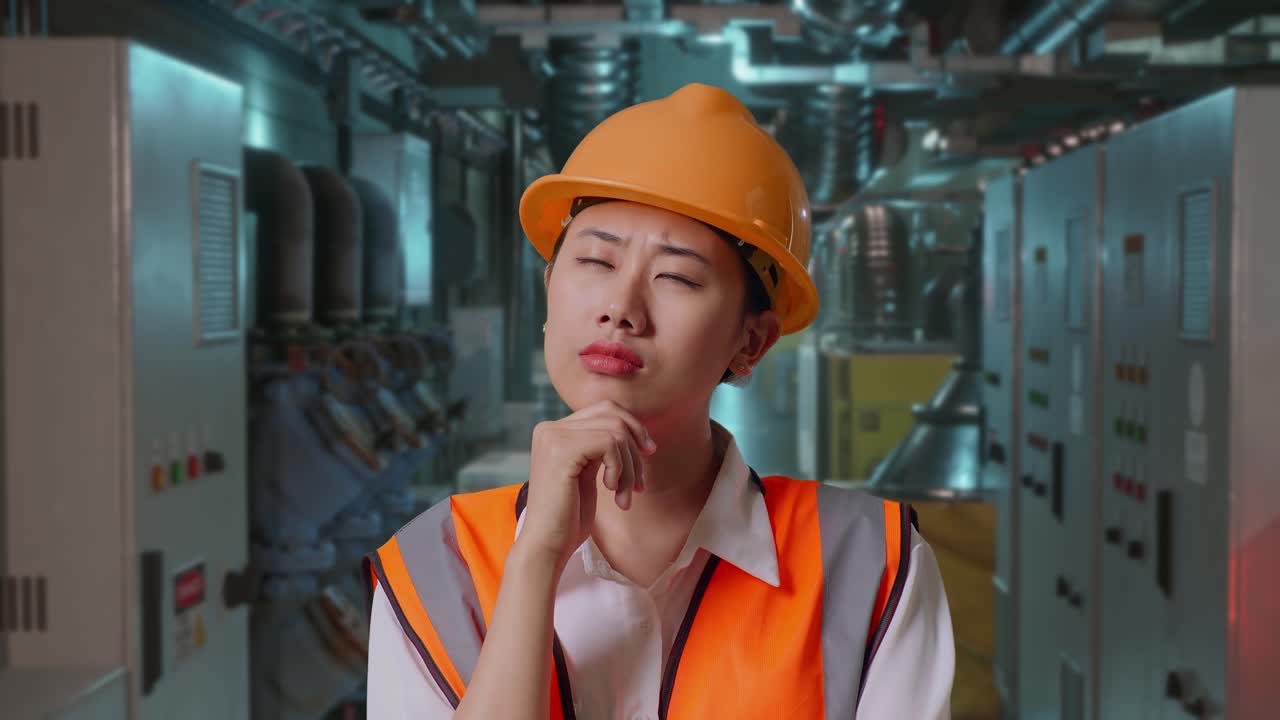 Female Engineer Focused on Problem Solving in Factory