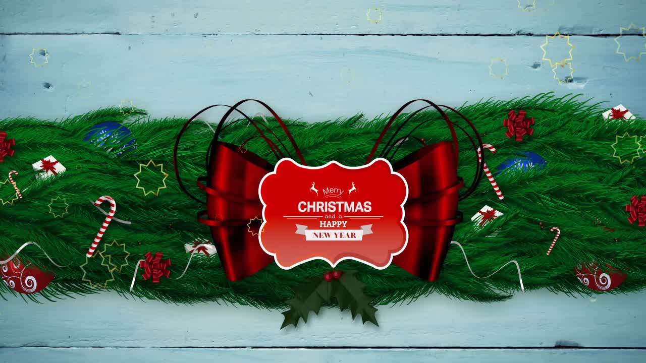 animación del texto de feliz navidad sobre las decoraciones navideñas