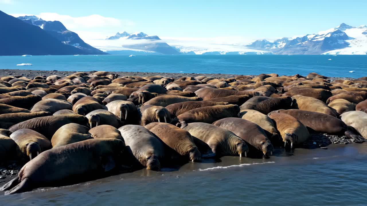 Walruses on a Beach with Mountain Backdrop