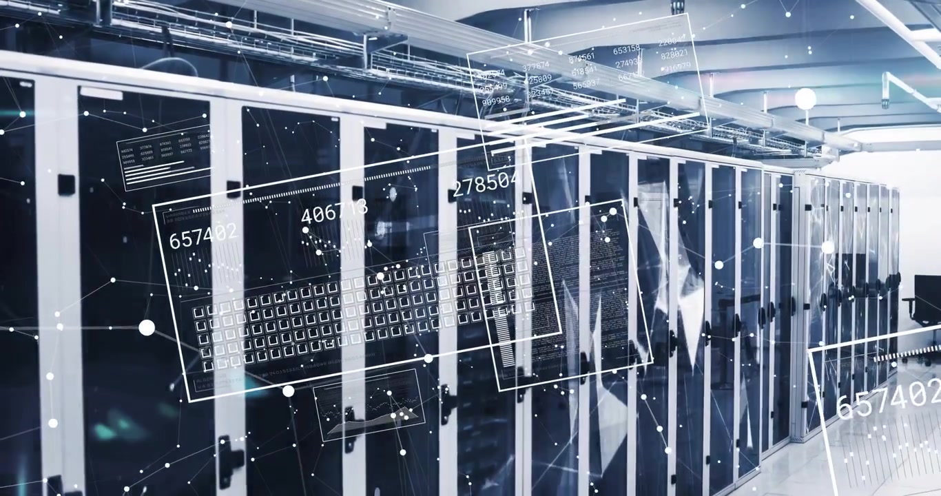Upon opening, data panels sliding over racks, updating numbers, charting flow to visualize metrics