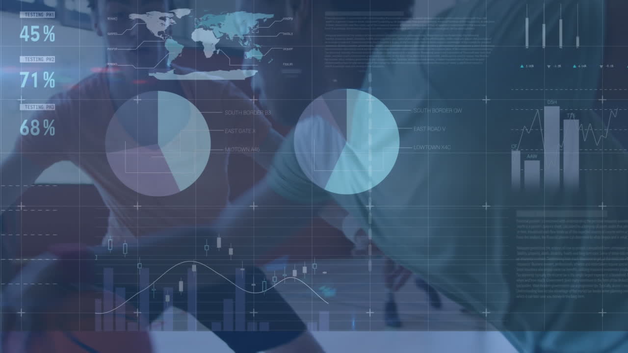 Animation of financial data processing over diverse male basketball players at gym