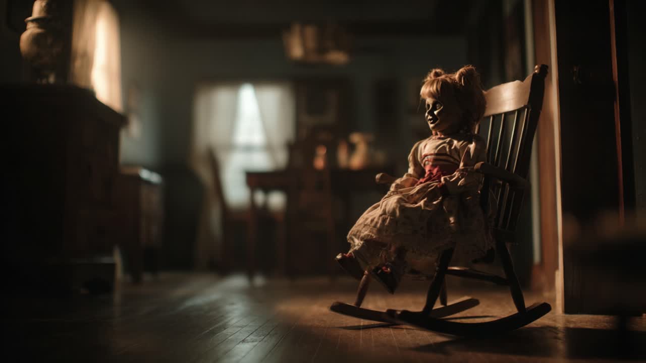 Mysterious Doll in a Dimly Lit Room: An Eerie Encounter with a Vintage Toy on a Rocking Chair, Capturing an Atmosphere of Nostalgia and Intrigue