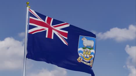 bandera de las islas malvinas moviéndose en el viento con un cielo azul claro en el fondo, nubes moviéndose lentamente, asta de la bandera, cámara lenta