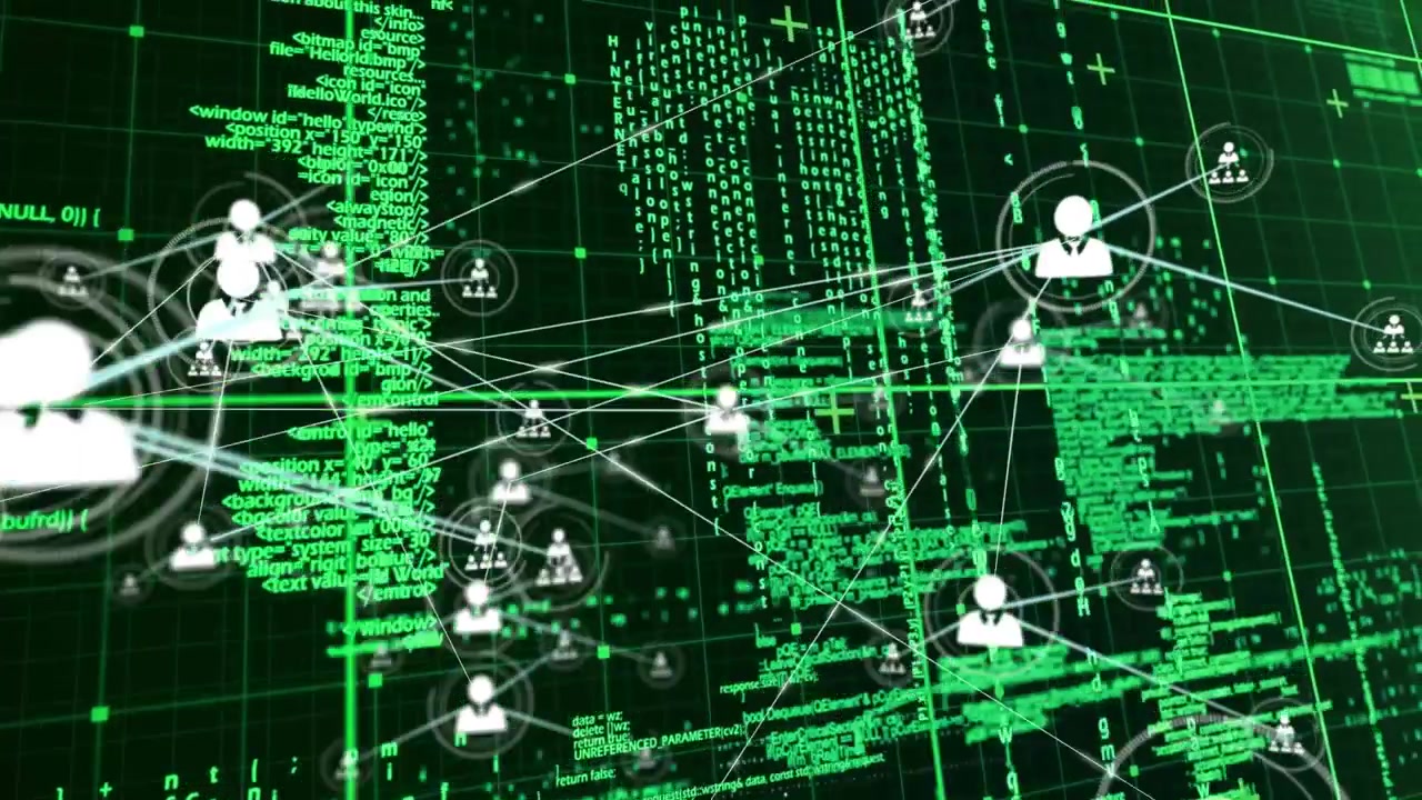 Solo avatar appearing on green code grid initiating security map, icons linking with pulsing halos