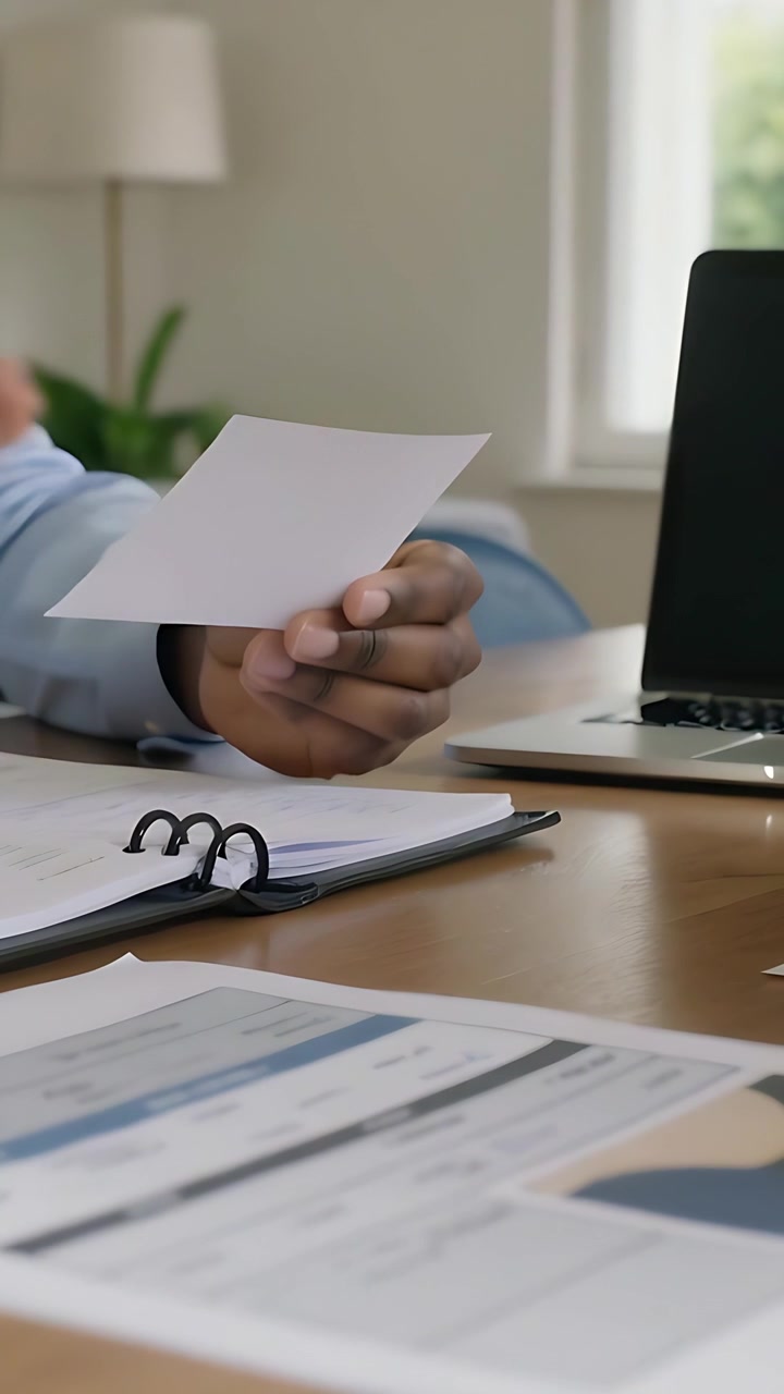 Video verticale: Lettura di un piccolo appunto bianco, mani con camicia blu che indicano e poi raggiungono il laptop sulla scrivania.