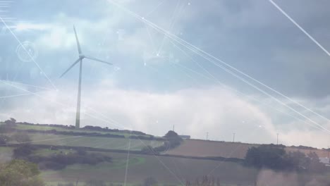 animation of network of connections with data processing over wind turbines