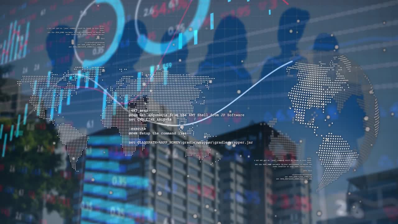 データ処理のアニメーションは回転するグローブと世界地図を高層ビルに比べて表示します